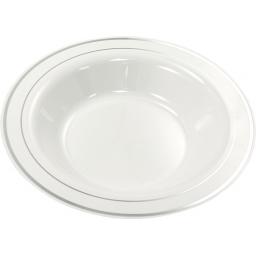 Mozaik Deep Plastic Bowls White With Silver Rim 9" 23cm For Pasta Soup