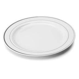 White Silver Rim 10" Mozaik Strong Reusable Hard Plastic Dinner Plates 26cm