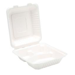 White 8" Paper 3 Compartment Section Meal Box Containers - Compostable Bagasse Sugarcane