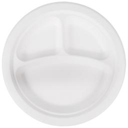 Round 10" 3 Section Compartment Strong White Paper Plates Biodegradable Bagasse Disposable - 260cm
