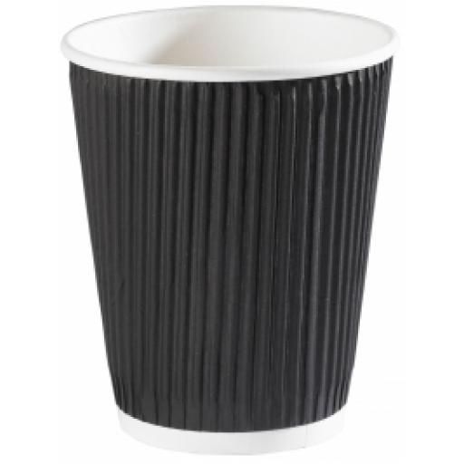 12oz Black Paper Coffee Cups Kraft Ripple 3 Ply Insulated For Tea Espresso Hot Drinks