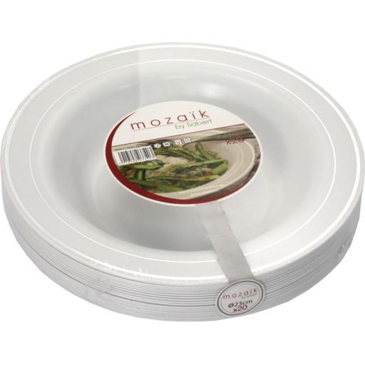 Mozaik Deep Plastic Bowls White With Silver Rim 9" 23cm For Pasta Soup