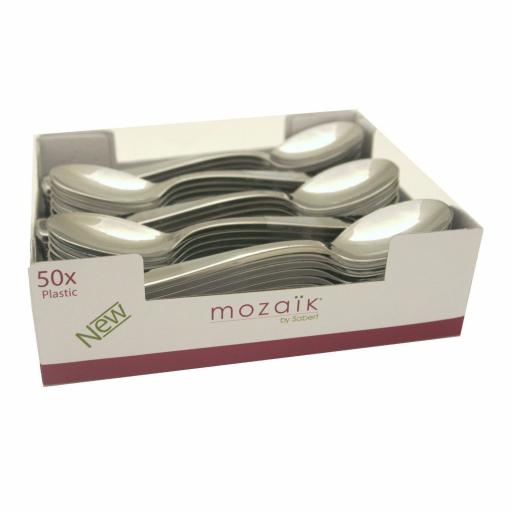 Sabert Mozaik 16cm Plastic Silver Dinner Spoons Metallised Reusable Disposable Cutlery