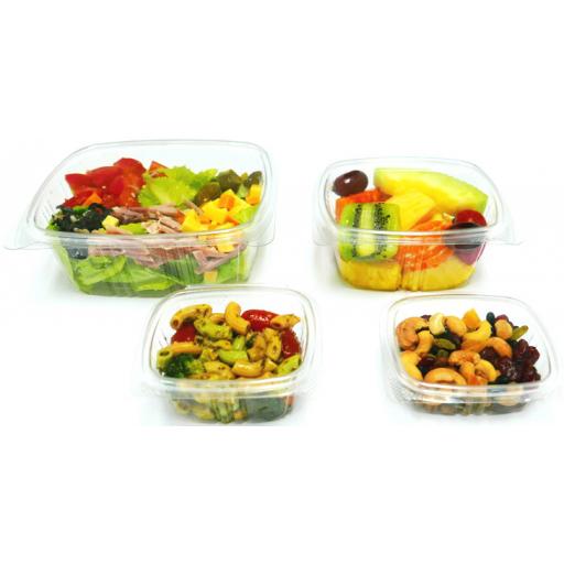 A pack of 50-750cc CLEAR PLASTIC DISPOSABLE SALAD BOWLS WITH HINGED LIDS 