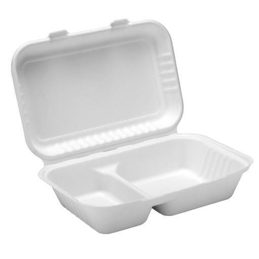 White Paper Lunch Box 9x6&quot; 2 Section Compartment Containers - Compostable Bagasse Sugarcane
