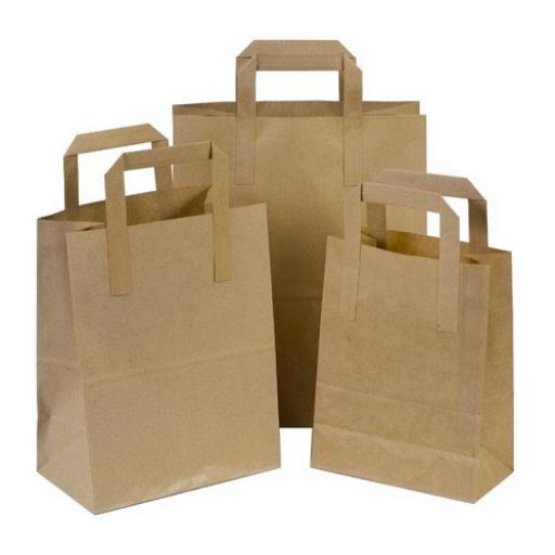 250 x Brown Medium SOS Kraft Paper Bags Tape Handle Carrier Takeaways