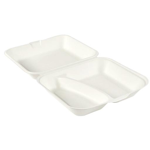 MB2 White 9&quot; Paper 2 Compartment Section Meal Box Containers - Compostable Bagasse