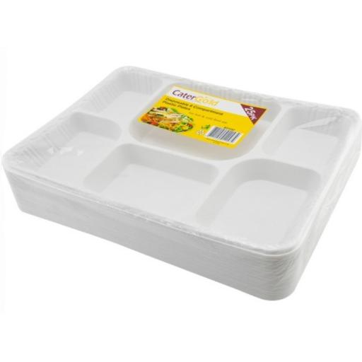 6 Compartment Reusable White Punjabi Plastic Thali Food Trays 12" x 9" - Dinner Plates For Indian Events